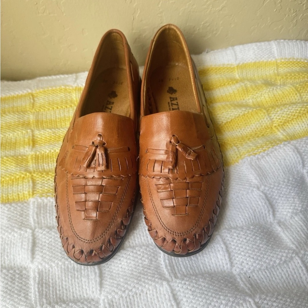 Aztec Chicano Mexicano Lowrider Weaved Artesanal Red Tan LeatherShoes Mens Sz 12